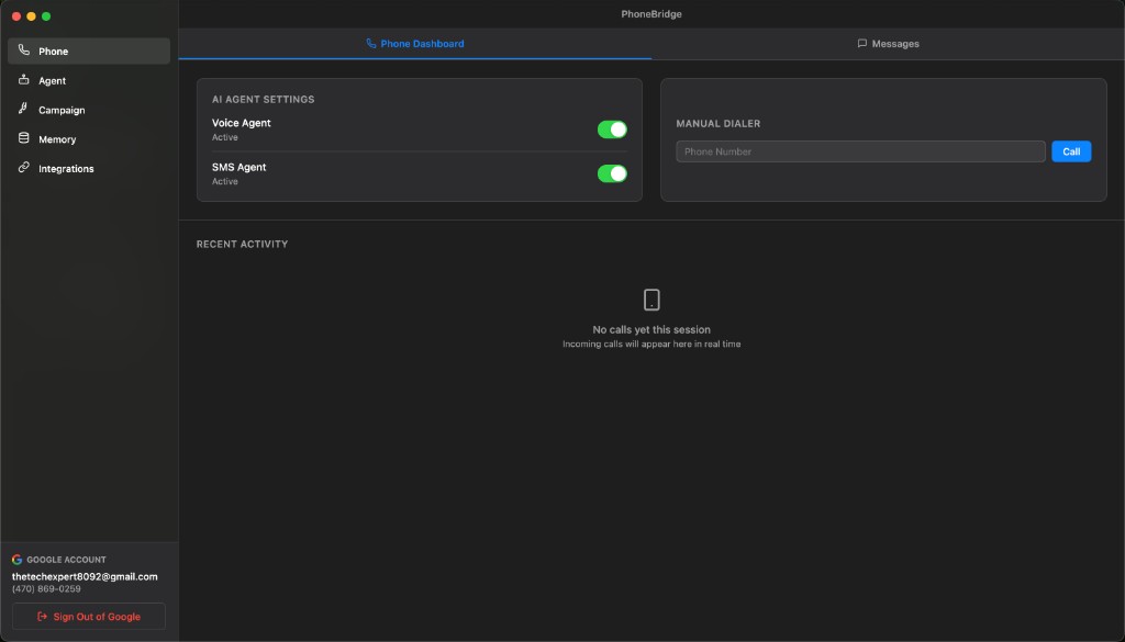 PhoneBridge app — phone dashboard with AI voice and SMS agents