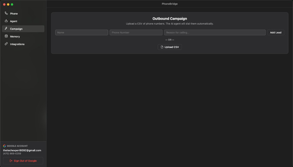 PhoneBridge outbound campaign — CSV upload and lead queue