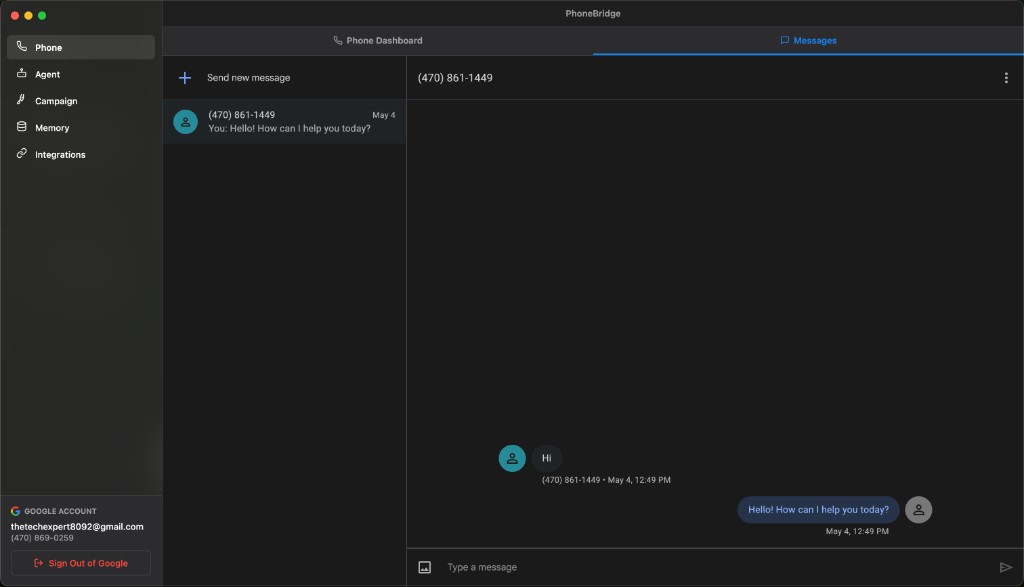 PhoneBridge Messages tab with SMS threads